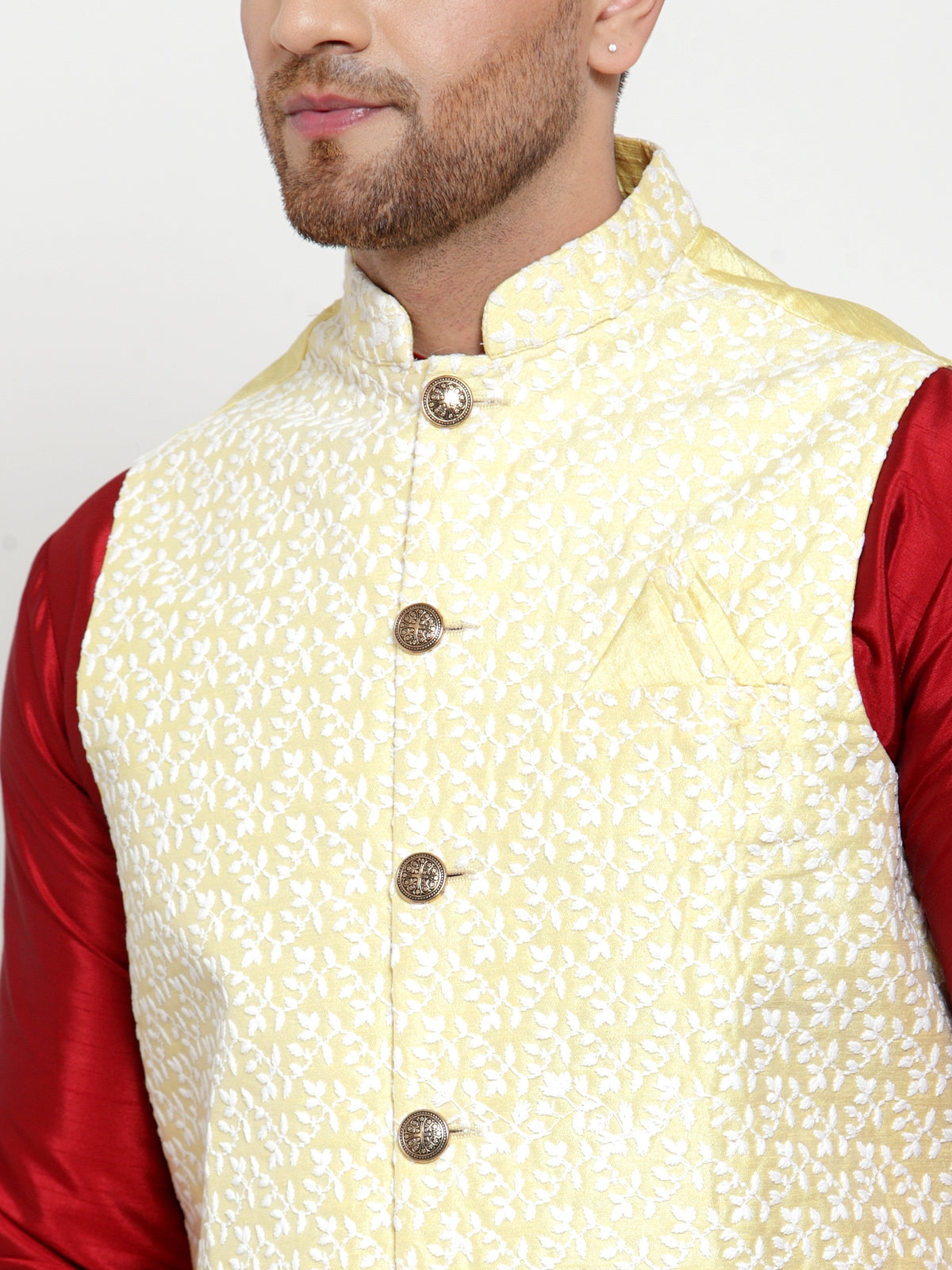 Jompers Men's Solid Dupion Kurta Pajama with Embroidered Nehru Jacket (Yellow) - Distacart