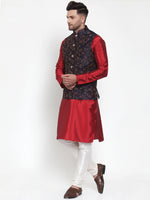 Thumbnail for Jompers Men's Solid Dupion Kurta Pajama with Woven Nehru Jacket (Navy) - Distacart