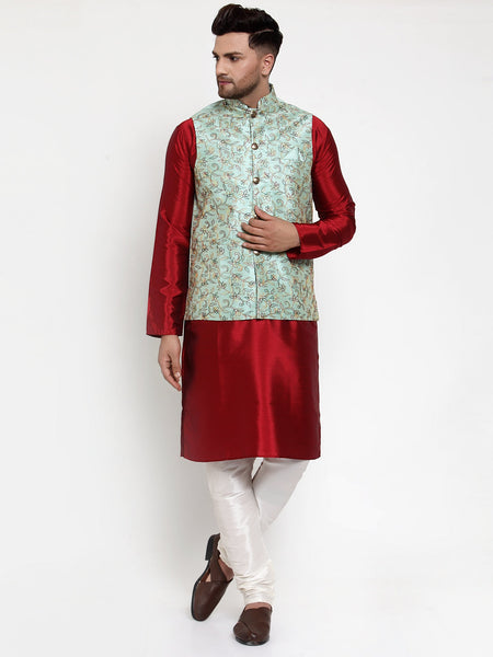 Jompers Men's Solid Dupion Kurta Pajama with Woven Nehru Jacket (Sky) - Distacart