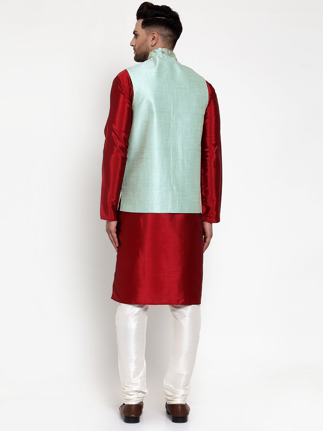 Jompers Men's Solid Dupion Kurta Pajama with Woven Nehru Jacket (Sky) - Distacart