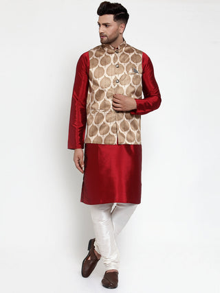 Jompers Men's Solid Dupion Kurta Pajama with Printed Nehru Jacket (Brown) - Distacart