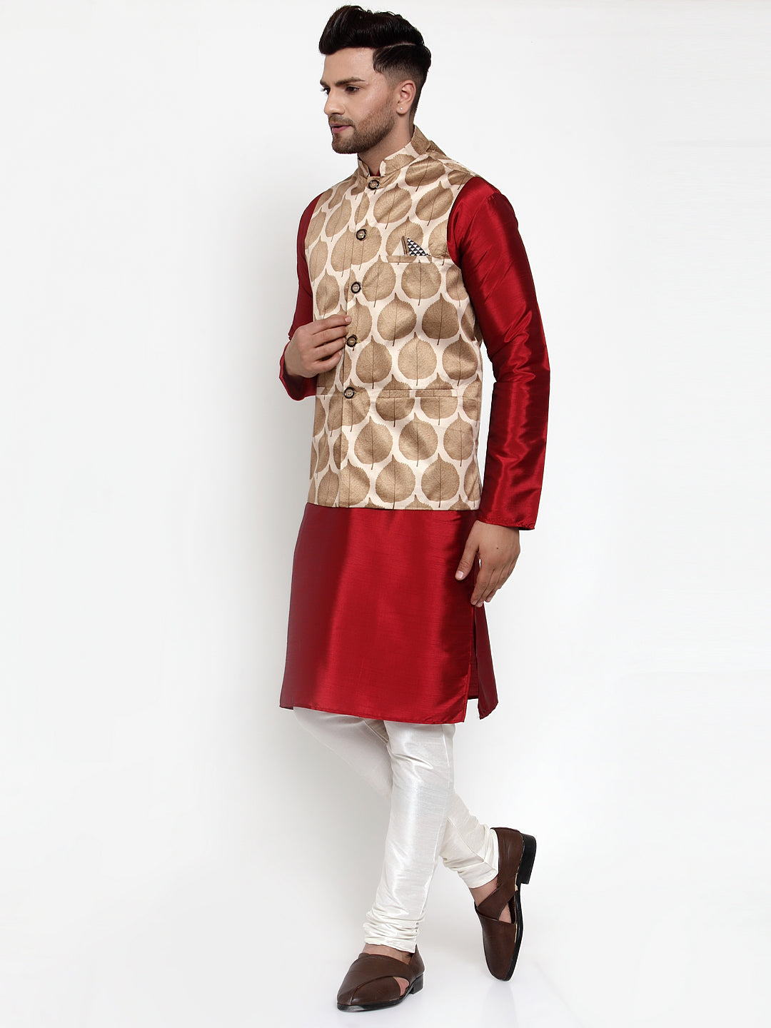 Jompers Men's Solid Dupion Kurta Pajama with Printed Nehru Jacket (Brown) - Distacart