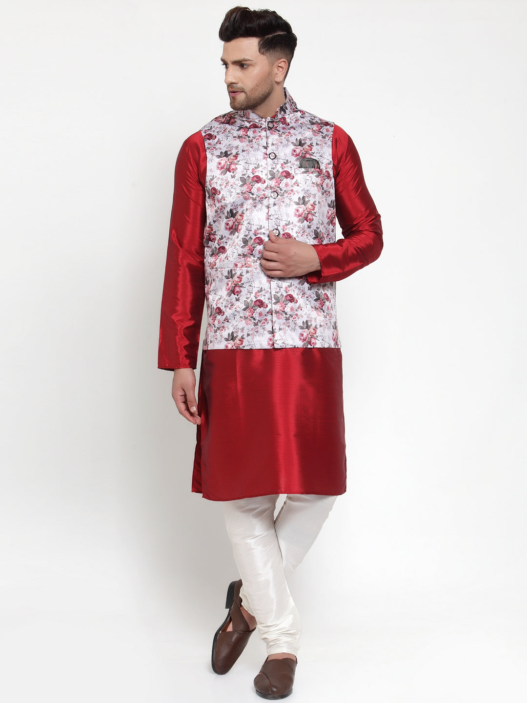 Jompers Men's Solid Dupion Kurta Pajama with Printed Nehru Jacket (Silver) - Distacart