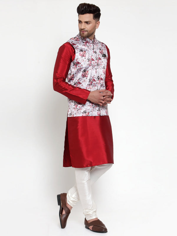Jompers Men's Solid Dupion Kurta Pajama with Printed Nehru Jacket (Silver) - Distacart