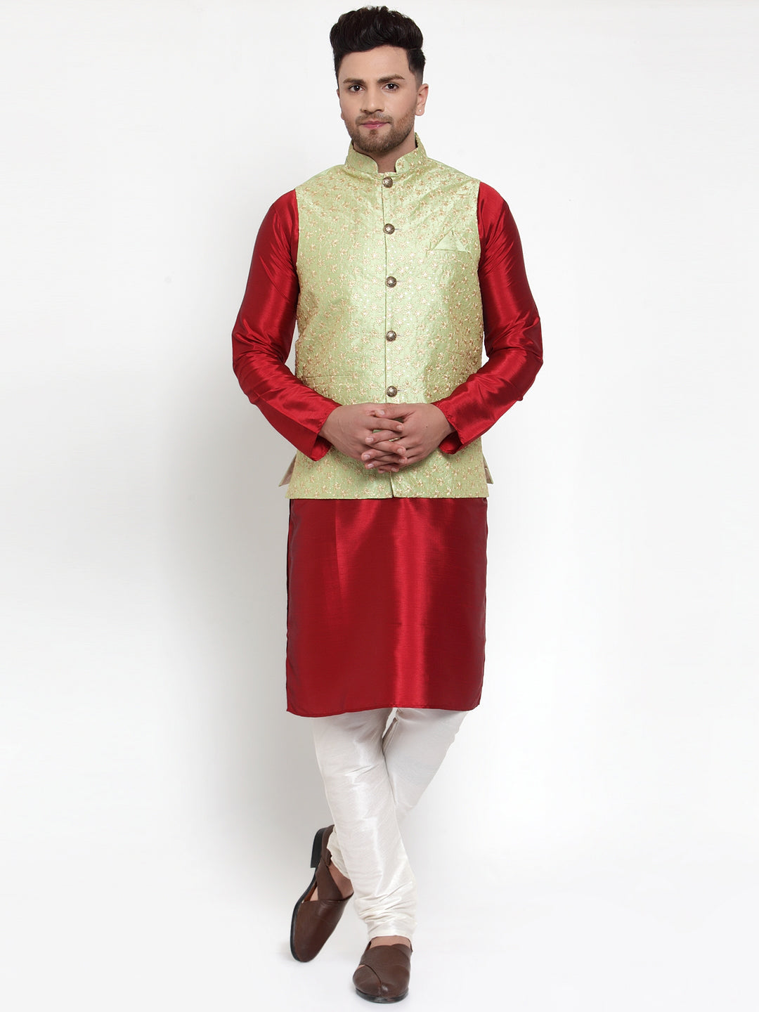 Jompers Men's Solid Dupion Kurta Pajama with Embroidered Nehru Jacket (Green) - Distacart