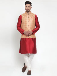 Thumbnail for Jompers Men's Solid Dupion Kurta Pajama with Embroidered Nehru Jacket (Peach) - Distacart