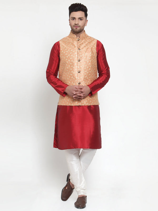 Jompers Men's Solid Dupion Kurta Pajama with Embroidered Nehru Jacket (Peach) - Distacart