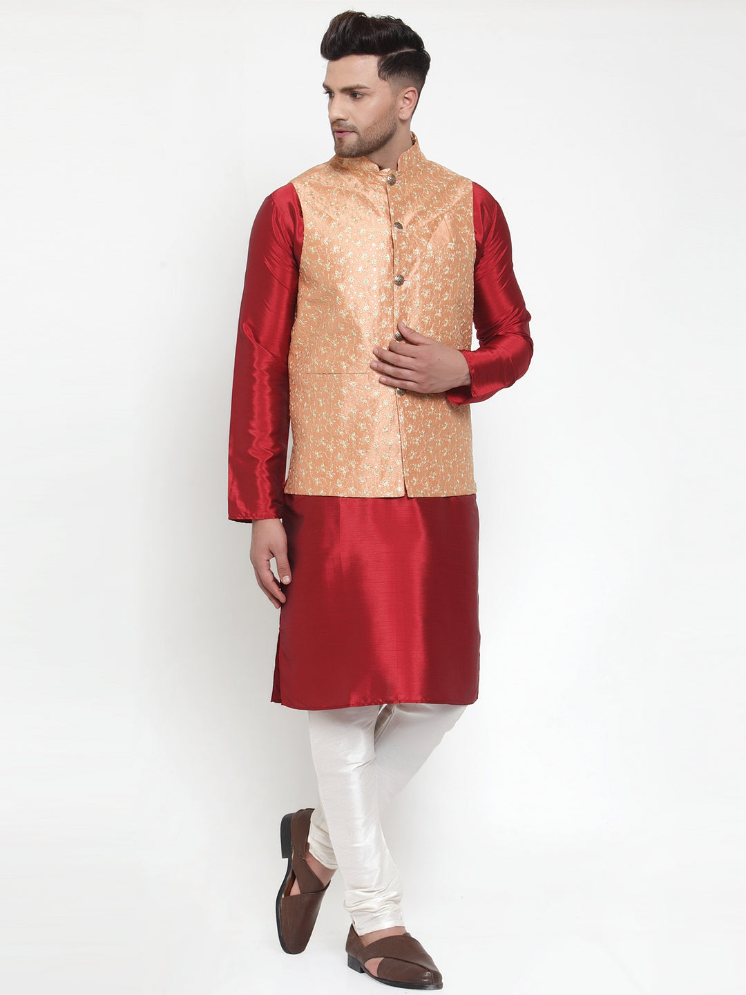 Jompers Men's Solid Dupion Kurta Pajama with Embroidered Nehru Jacket (Peach) - Distacart