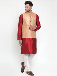 Thumbnail for Jompers Men's Solid Dupion Kurta Pajama with Embroidered Nehru Jacket (Peach) - Distacart