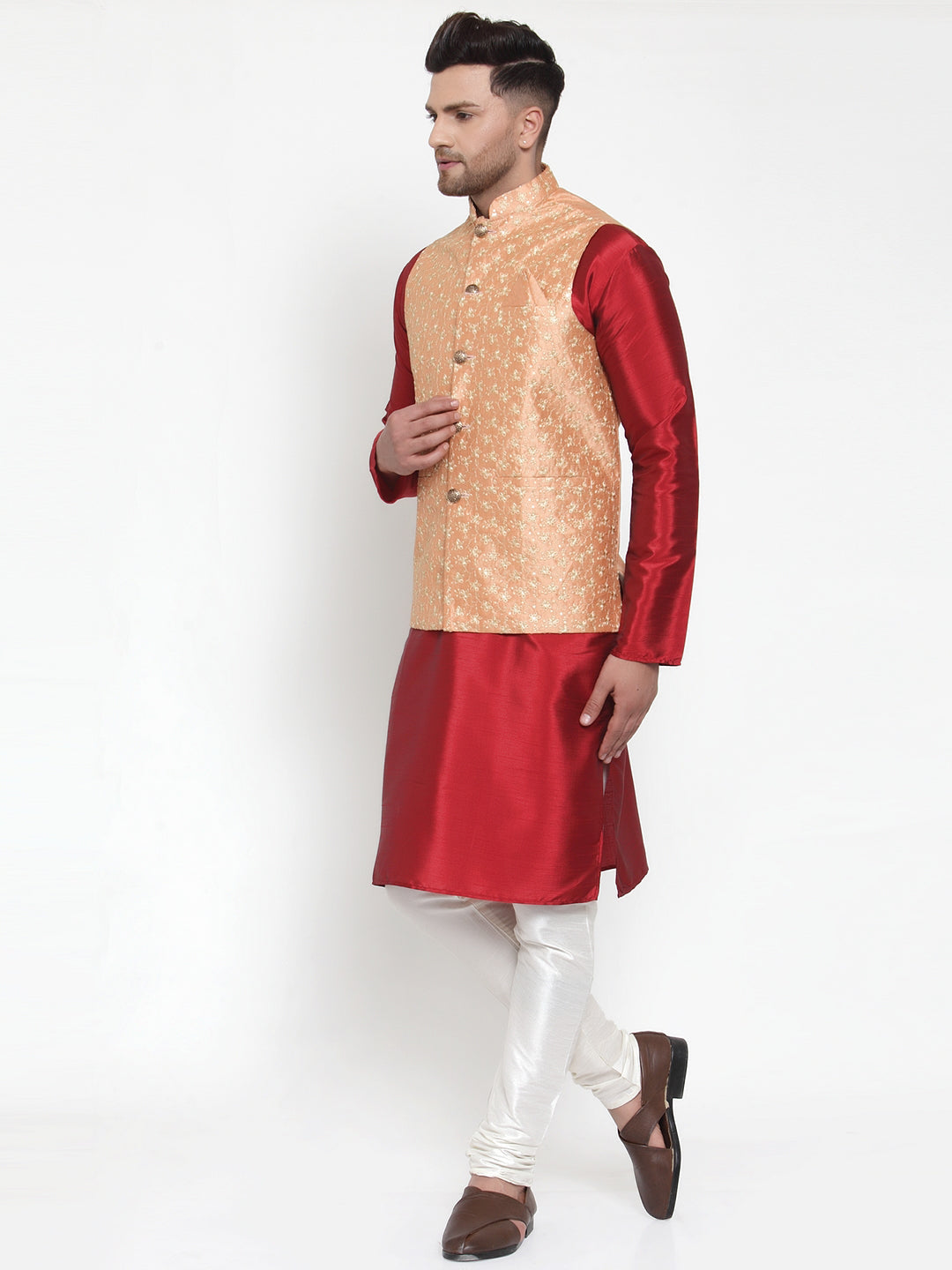 Jompers Men's Solid Dupion Kurta Pajama with Embroidered Nehru Jacket (Peach) - Distacart