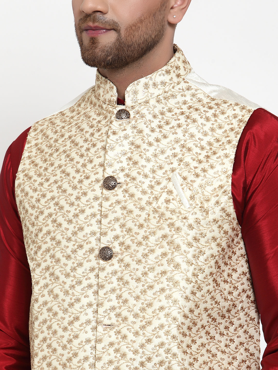 Jompers Men's Solid Dupion Kurta Pajama with Embroidered Nehru Jacket (Cream) - Distacart