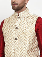 Thumbnail for Jompers Men's Solid Dupion Kurta Pajama with Embroidered Nehru Jacket (Cream) - Distacart