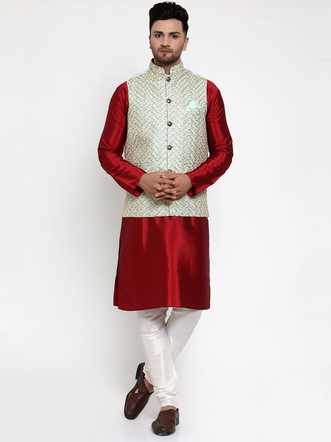 Jompers Men's Solid Dupion Kurta Pajama with Embroidered Nehru Jacket (Sky) - Distacart