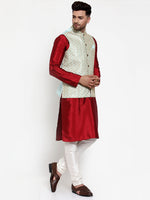 Thumbnail for Jompers Men's Solid Dupion Kurta Pajama with Embroidered Nehru Jacket (Sky) - Distacart