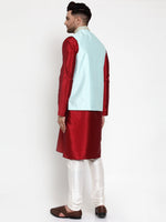 Thumbnail for Jompers Men's Solid Dupion Kurta Pajama with Embroidered Nehru Jacket (Sky) - Distacart
