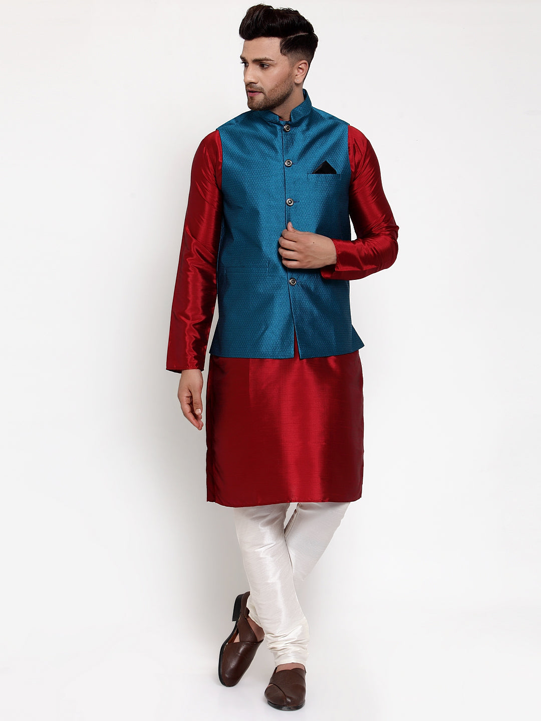 Jompers Men's Solid Dupion Kurta Pajama with Woven Nehru Jacket (Blue) - Distacart
