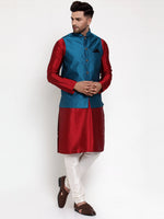 Thumbnail for Jompers Men's Solid Dupion Kurta Pajama with Woven Nehru Jacket (Blue) - Distacart