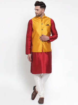 Jompers Men's Solid Dupion Kurta Pajama with Woven Nehru Jacket (Yellow) - Distacart