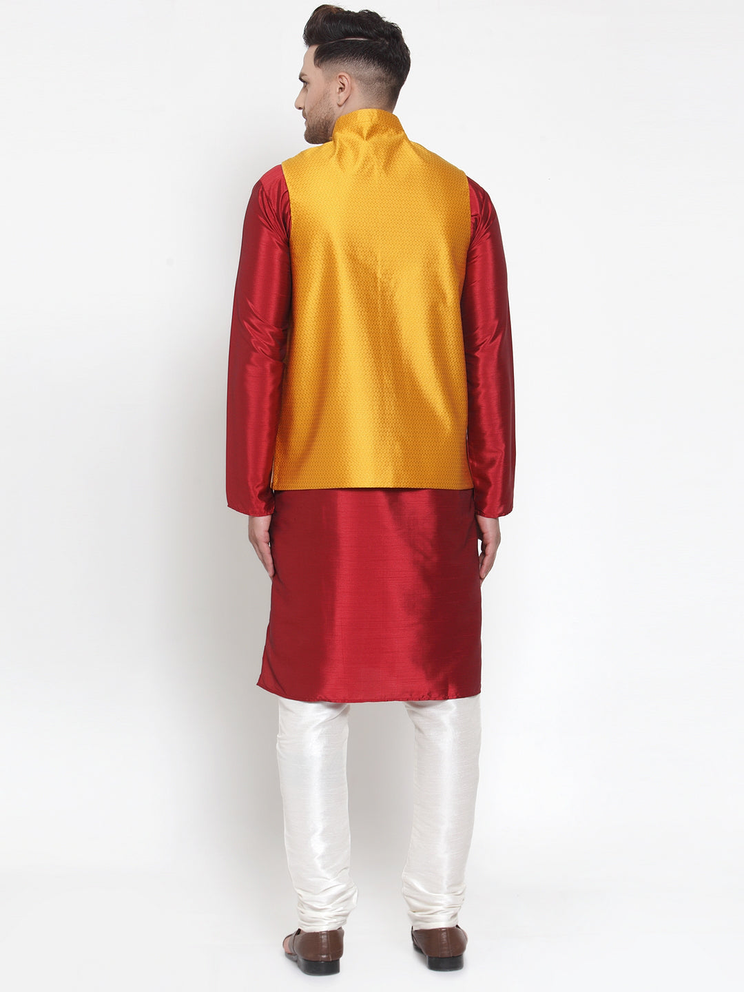 Jompers Men's Solid Dupion Kurta Pajama with Woven Nehru Jacket (Yellow) - Distacart
