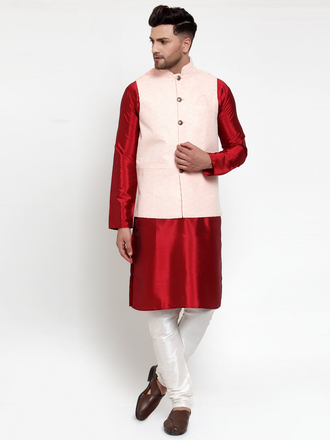 Jompers Men's Solid Dupion Kurta Pajama with Embroiderd Nehru Jacket (Pink) - Distacart