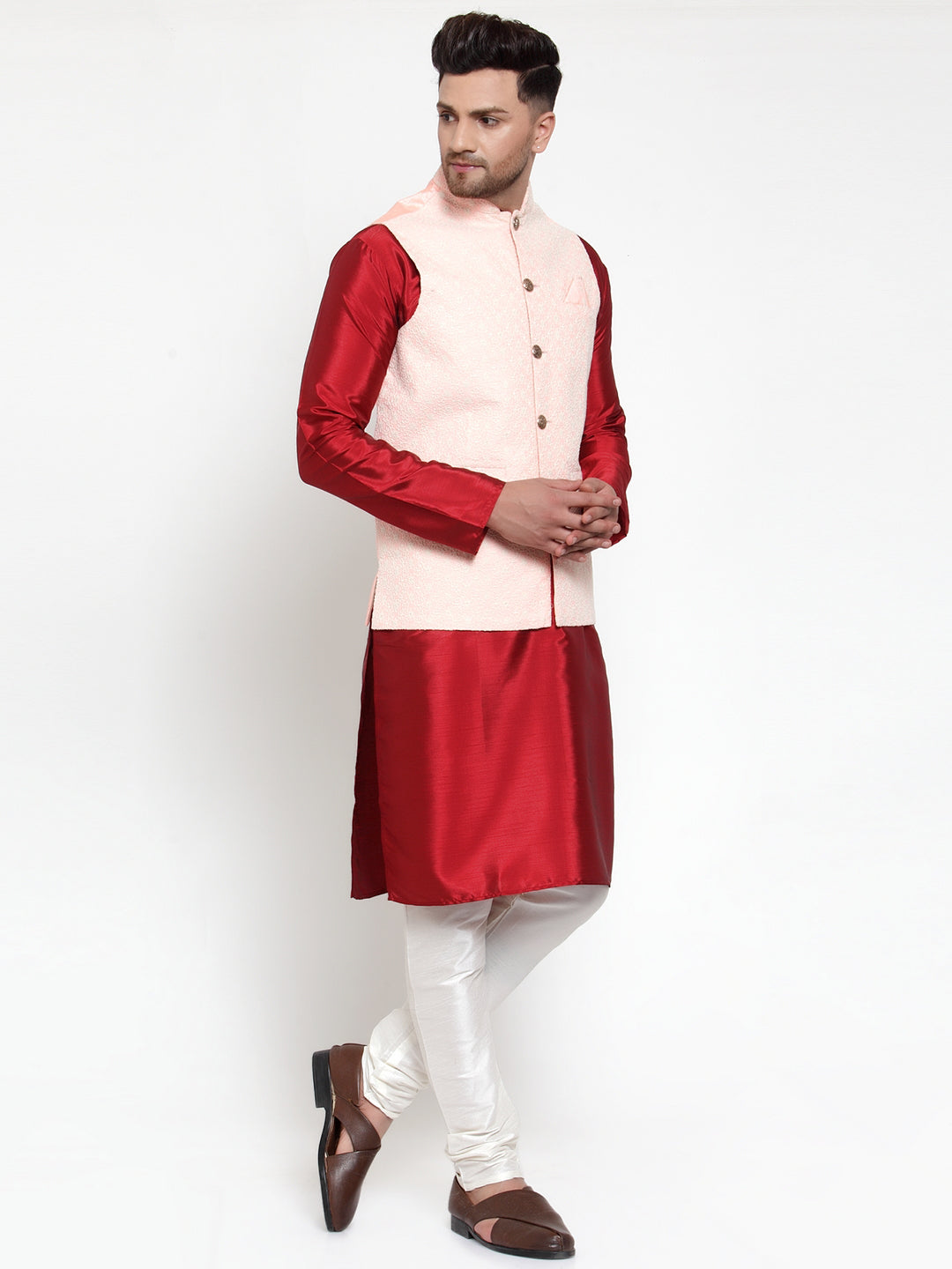 Jompers Men's Solid Dupion Kurta Pajama with Embroiderd Nehru Jacket (Pink) - Distacart