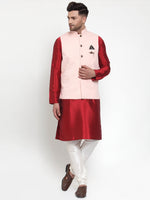 Thumbnail for Jompers Men's Solid Dupion Kurta Pajama with Woven Nehru Jacket (Peach) - Distacart