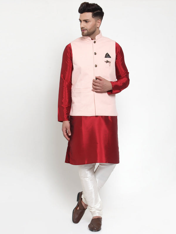 Jompers Men's Solid Dupion Kurta Pajama with Woven Nehru Jacket (Peach) - Distacart