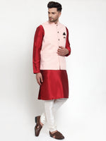 Thumbnail for Jompers Men's Solid Dupion Kurta Pajama with Woven Nehru Jacket (Peach) - Distacart