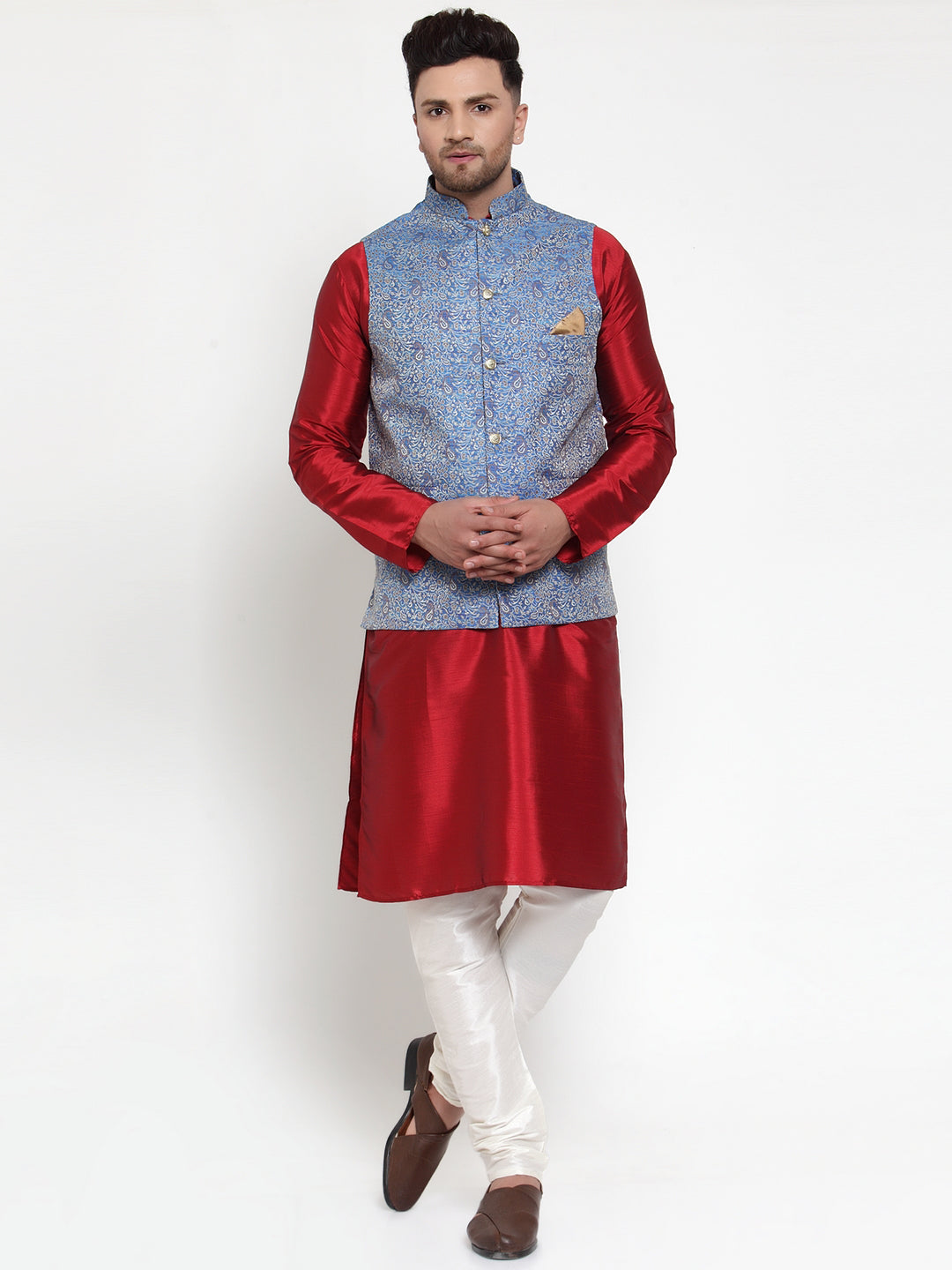 Jompers Men's Solid Dupion Kurta Pajama with Woven Jacqaurd Nehru Jacket (Blue) - Distacart