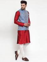 Thumbnail for Jompers Men's Solid Dupion Kurta Pajama with Woven Jacqaurd Nehru Jacket (Blue) - Distacart
