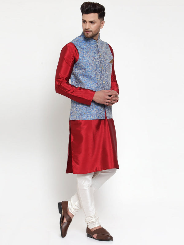 Jompers Men's Solid Dupion Kurta Pajama with Woven Jacqaurd Nehru Jacket (Blue) - Distacart