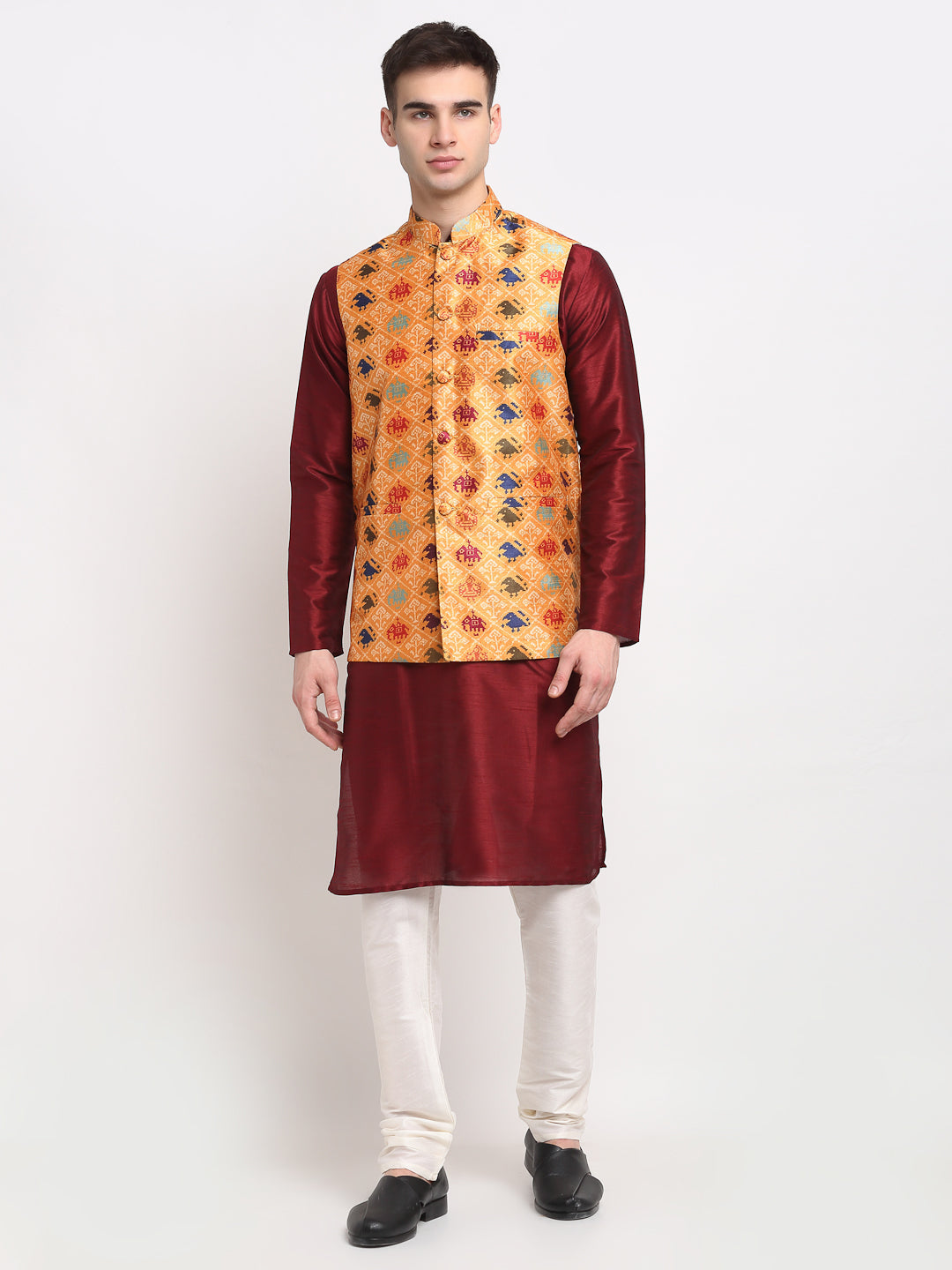 Jompers Men's Maroon Dupion Silk Kurta with Churidar&Nehru Jacket(Orange) - Distacart