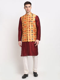 Thumbnail for Jompers Men's Maroon Dupion Silk Kurta with Churidar&Nehru Jacket(Orange) - Distacart