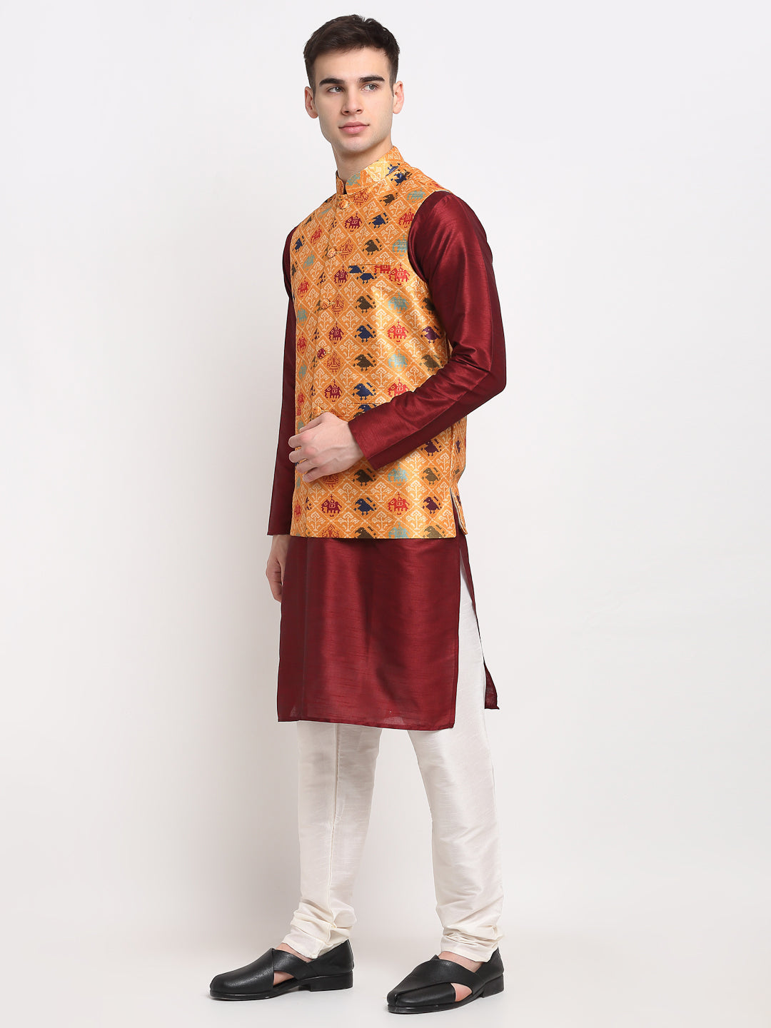 Jompers Men's Maroon Dupion Silk Kurta with Churidar&Nehru Jacket(Orange) - Distacart