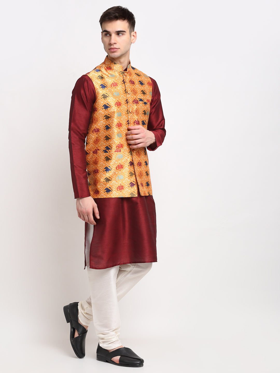 Jompers Men's Maroon Dupion Silk Kurta with Churidar&Nehru Jacket(Orange) - Distacart
