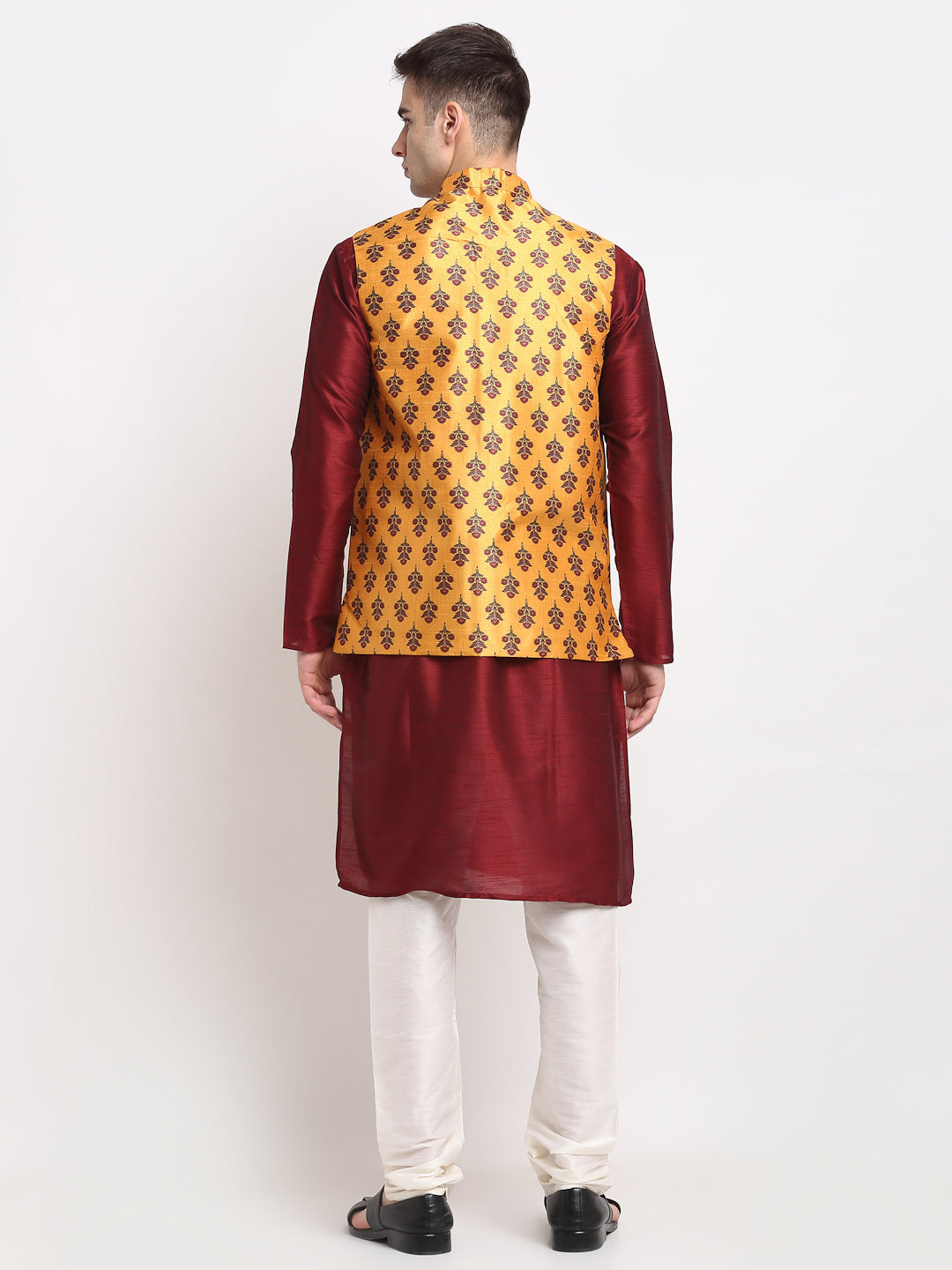 Jompers Men's Maroon Dupion Silk Kurta with Churidar& Nehru Jacket(Yellow) - Distacart