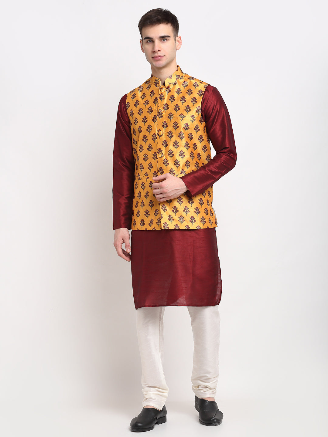 Jompers Men's Maroon Dupion Silk Kurta with Churidar& Nehru Jacket(Yellow) - Distacart