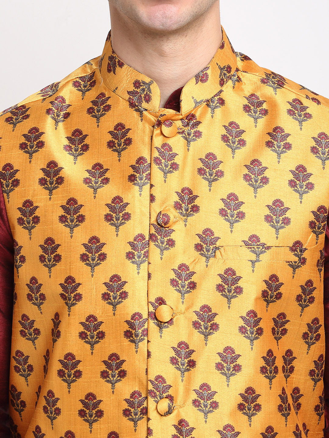 Jompers Men's Maroon Dupion Silk Kurta with Churidar& Nehru Jacket(Yellow) - Distacart