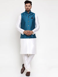 Thumbnail for Jompers Men's Solid Dupion Kurta Pajama with Woven Nehru Jacket (Blue) - Distacart