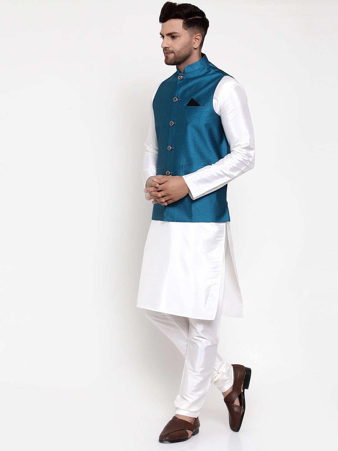 Buy Jompers Men s Solid Dupion Kurta Pajama with Woven Nehru
