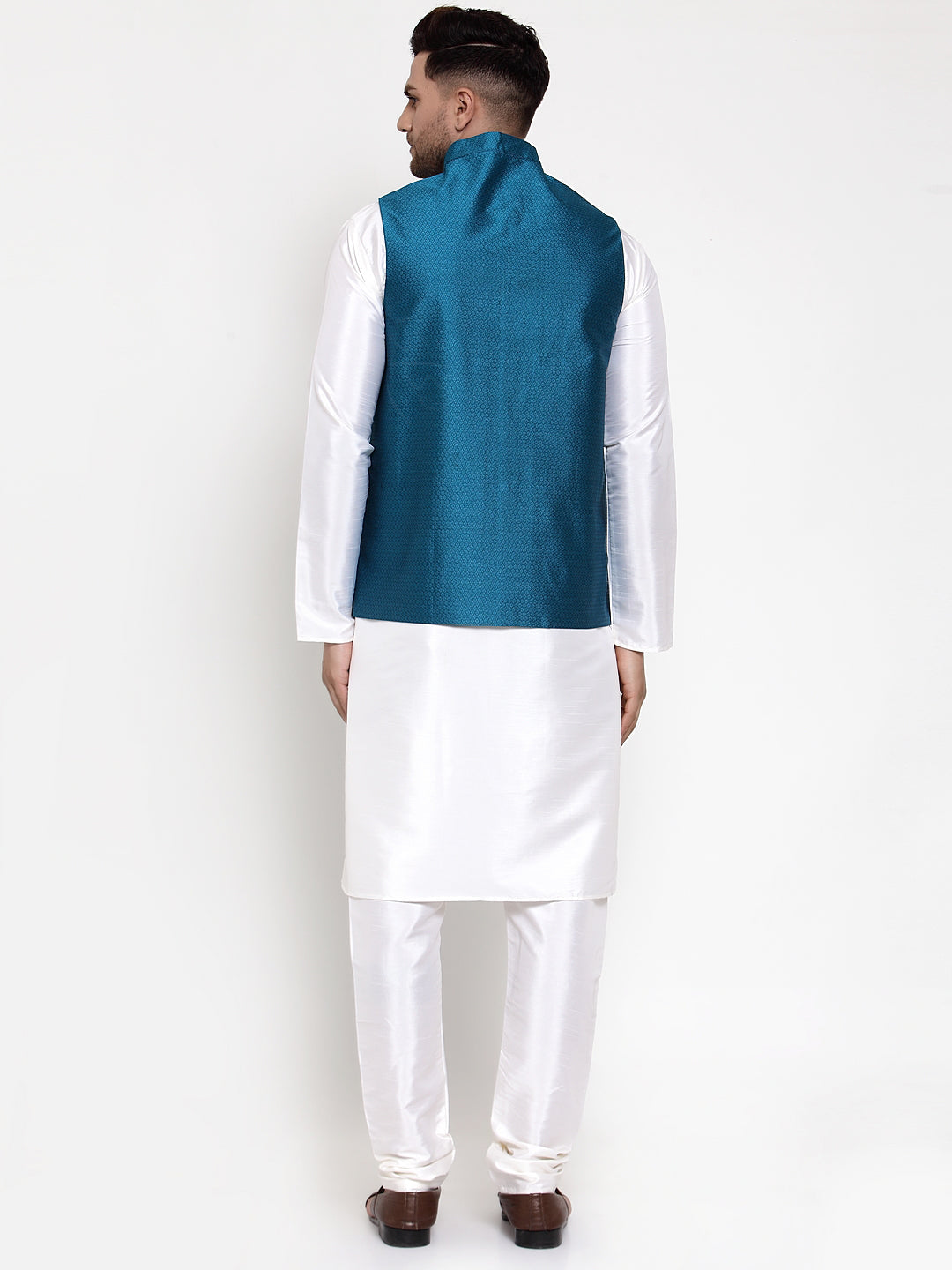 Jompers Men's Solid Dupion Kurta Pajama with Woven Nehru Jacket (Blue) - Distacart