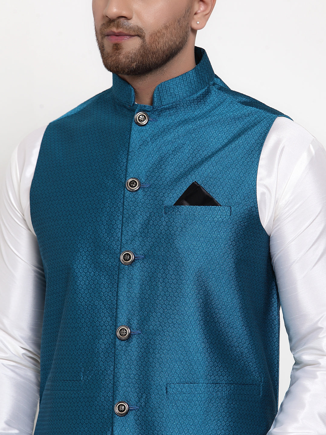 Jompers Men's Solid Dupion Kurta Pajama with Woven Nehru Jacket (Blue) - Distacart