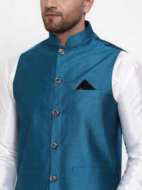 Thumbnail for Jompers Men's Solid Dupion Kurta Pajama with Woven Nehru Jacket (Blue) - Distacart