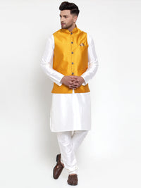 Thumbnail for Jompers Men's Solid Dupion Kurta Pajama with Woven Nehru Jacket (Yellow) - Distacart
