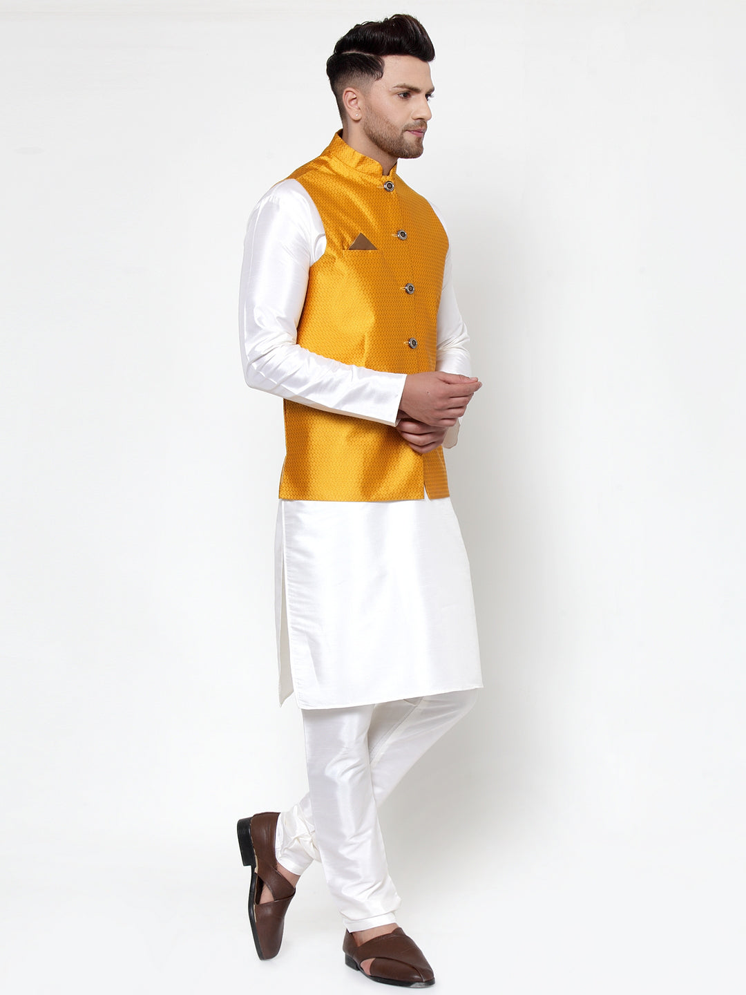 Jompers Men's Solid Dupion Kurta Pajama with Woven Nehru Jacket (Yellow) - Distacart