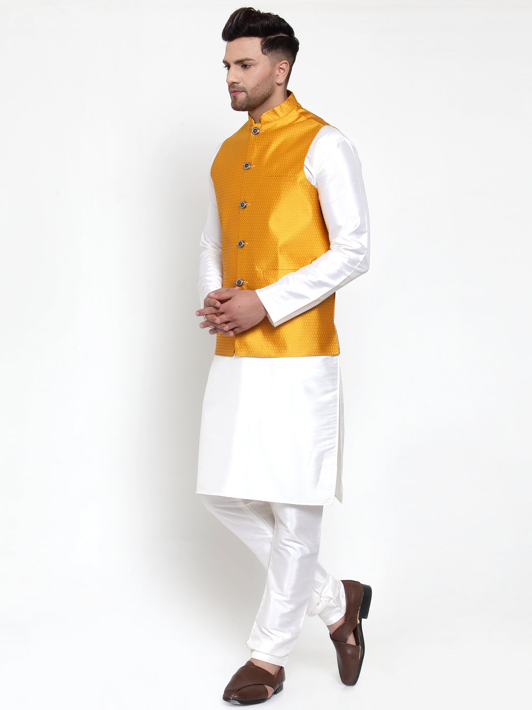 Jompers Men's Solid Dupion Kurta Pajama with Woven Nehru Jacket (Yellow) - Distacart