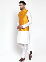 Thumbnail for Jompers Men's Solid Dupion Kurta Pajama with Woven Nehru Jacket (Yellow) - Distacart