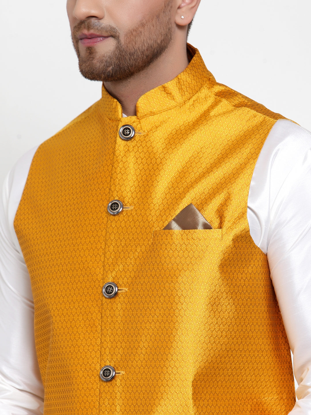 Jompers Men's Solid Dupion Kurta Pajama with Woven Nehru Jacket (Yellow) - Distacart