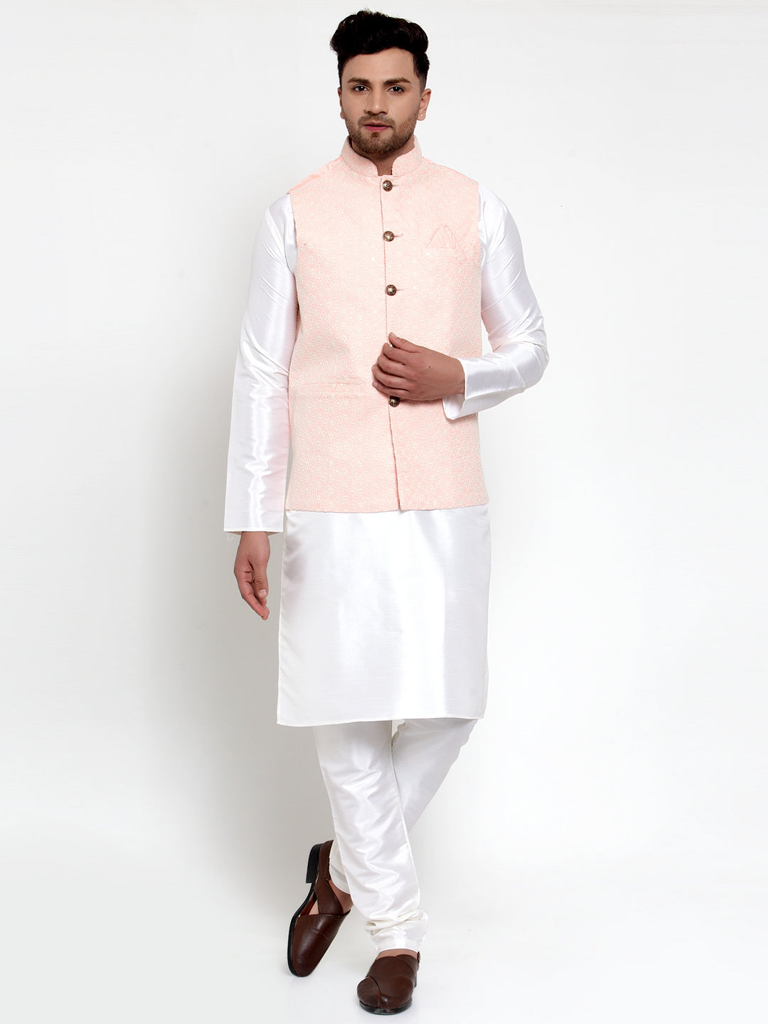 Jompers Men's Solid Dupion Kurta Pajama with Embroiderd Nehru Jacket (Pink) - Distacart