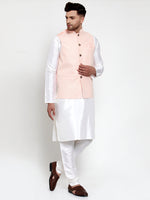 Thumbnail for Jompers Men's Solid Dupion Kurta Pajama with Embroiderd Nehru Jacket (Pink) - Distacart